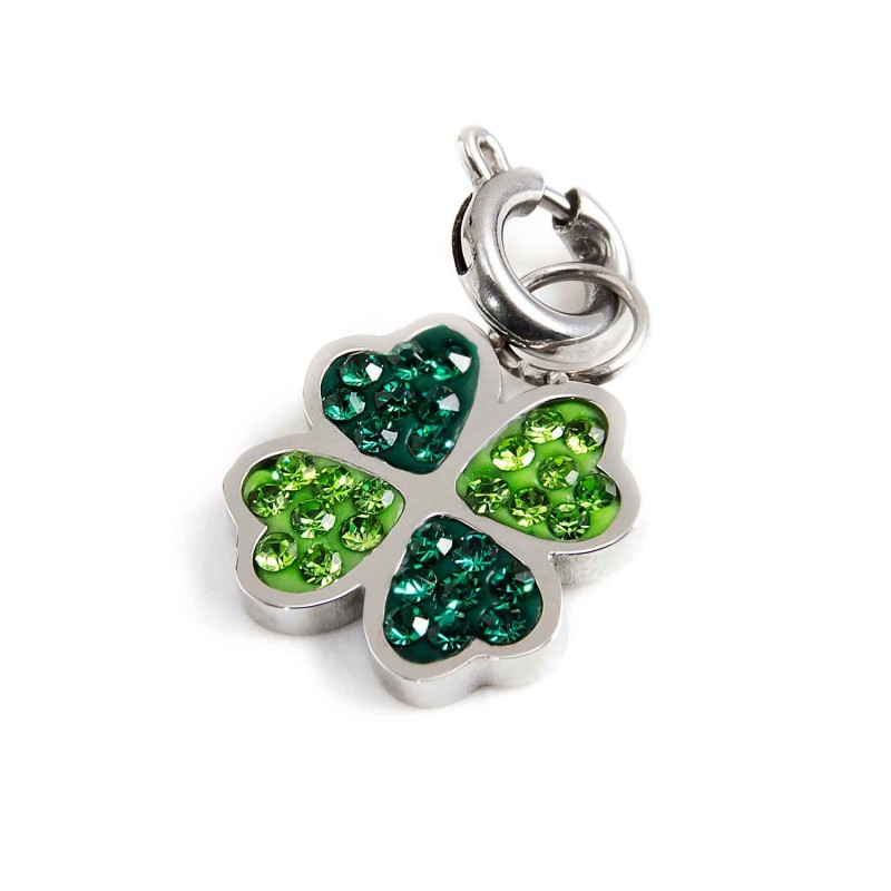 marlu - charm acciaio quadrifoglio strass verdi