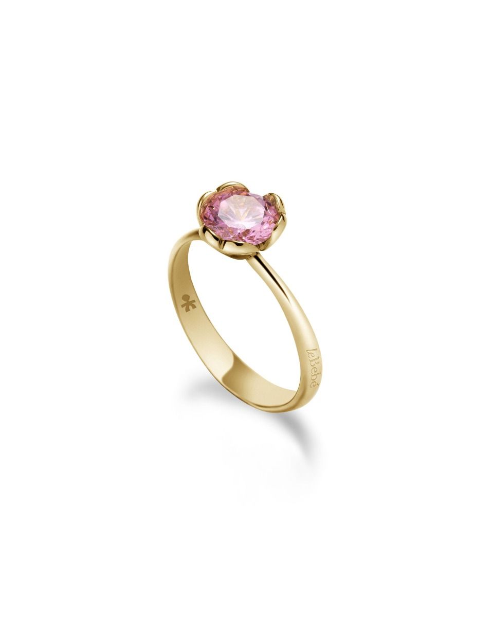le bebe - anello oro giallo e quarzo rosa di sintesi