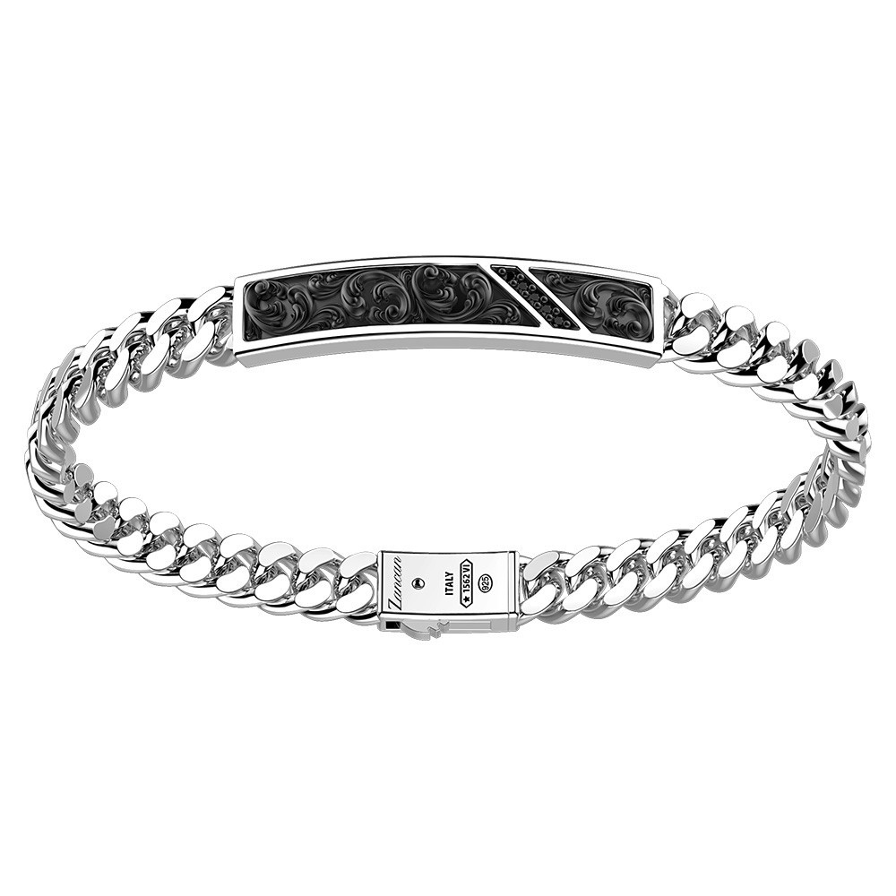 bracciale zancan in argento a grumetta con targa e pietre nere