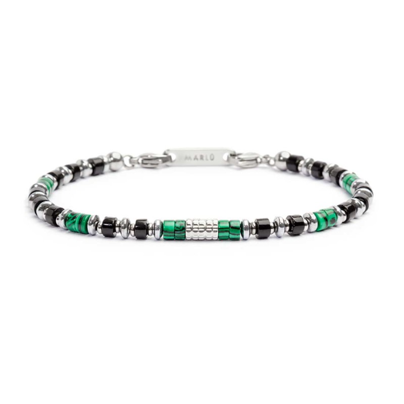 marlu - bracciale con rondelle in malachite ed onice nera e cilindro diamantato