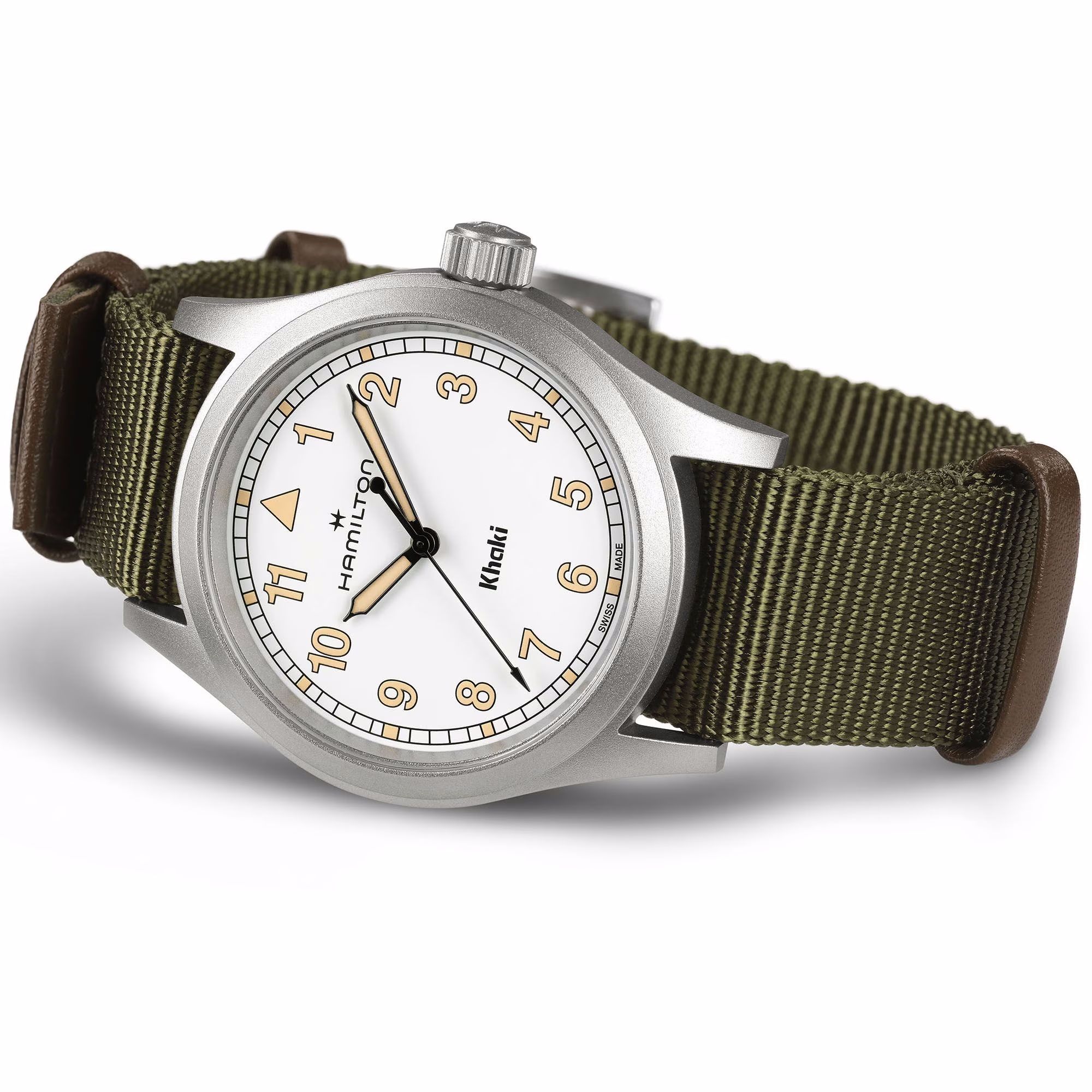 hamilton khaki field quartz 38 mm quadrante bianco